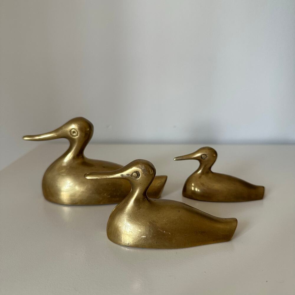Set of 3 Solid Brass Sitting Ducks Vintage MCM